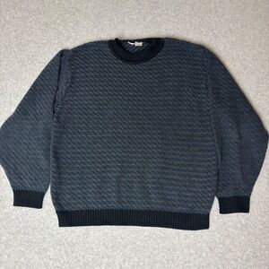 Perry Ellis Mens Crewneck Sweater Large Navy Blue Grey Textured Knit Cotton L